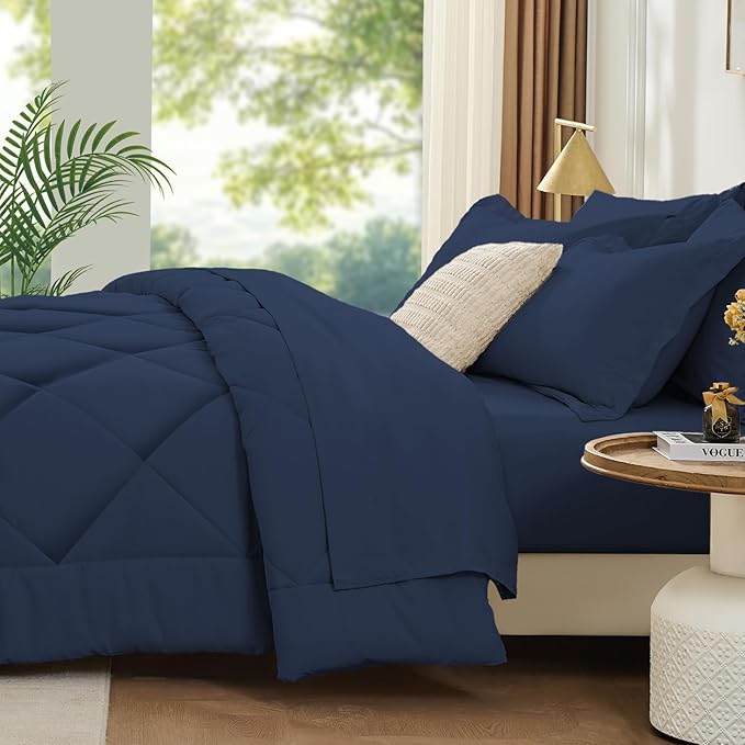 FUANNA 7 Pieces California King Size Comforter Set, All Season Bed in a Bag Cal King Size, Luxury Soft Bedding Sets with Comforter, Flat Sheet, Fitted Sheet, Pillowcases & Pillow Shams, Navy Blue