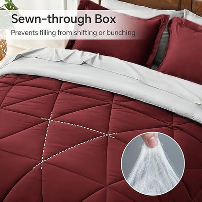 BEDELITE King Size Comforter Set 7 Pieces Bed in A Bag - Soft Microfiber Reversible Burgundy Bed Set with Comforters, Sheets, Pillowcases & Shams, Cozy Luxury Bedding Sets for All Season