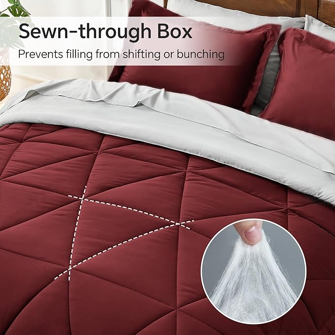BEDELITE Queen Comforter Set 7 Pieces Bed in A Bag - Soft Microfiber Reversible Burgundy Bed Set with Comforters, Sheets, Pillowcases & Shams, Cozy Luxury Bedding Sets for All Season