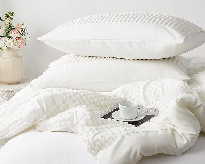 Cupocupa King Size Comforter Set, White Boho Tufted with Pom-Pom Trim, Soft Jacquard, Lightweight, 3-Piece Set, All-Season