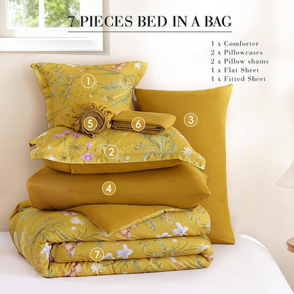 Yiran King Size Comforter Set, 7 Pieces Yellow Floral Soft Bedding Sets, King Bed in a Bag Botanical Flowers All Season Comforter, Sheets, Pillowcases & Shams