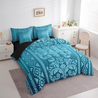 Comforter Set Queen Size, Teal Damask Aztec 7 Pcs Bedding for Kids and Adults, Baroque Western Boho Gothic Floral Bed Sheet Sets with Fitted Sheet 2 Pillowcases & 2 Shams for Bedroom Bed Decor
