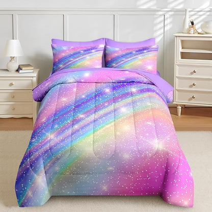 Nesker 7 Pcs Comforter Set Full Size, Pink Gradient Star Colorful Glitter Bedding Set for Kids and Adults, Rainbow Star Galaxy Girls Bed Sheet Sets with Fitted Sheet 2 Pillowcases & 2 Shams
