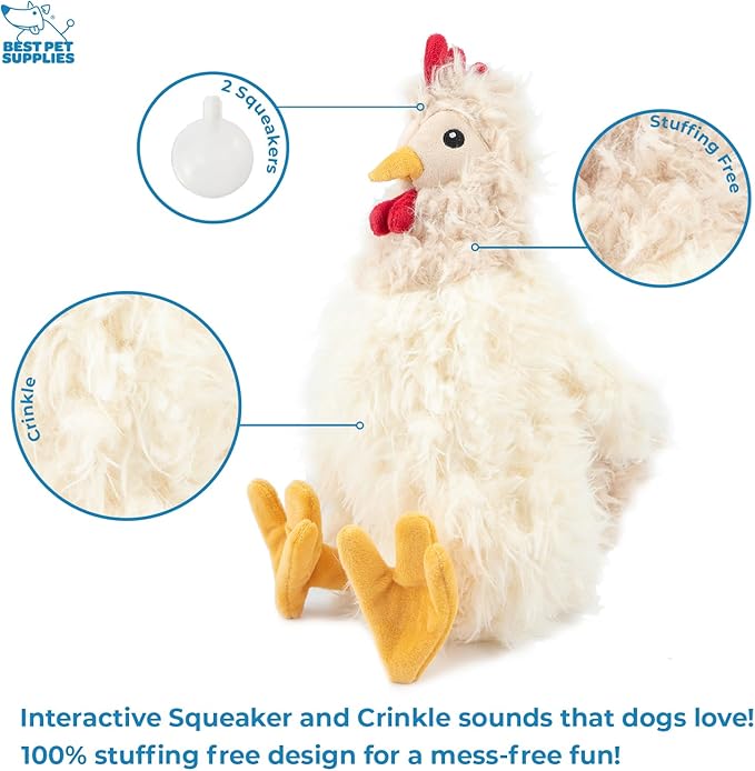 Best Pet Supplies Interactive Squeaky Dog Chew Toy, Ideal Dog Toys for Chewers, Small, Medium & Large Dogs, and Fetch Lovers - Crinkle Chicken (Brown, Beige, Wine Red), Large