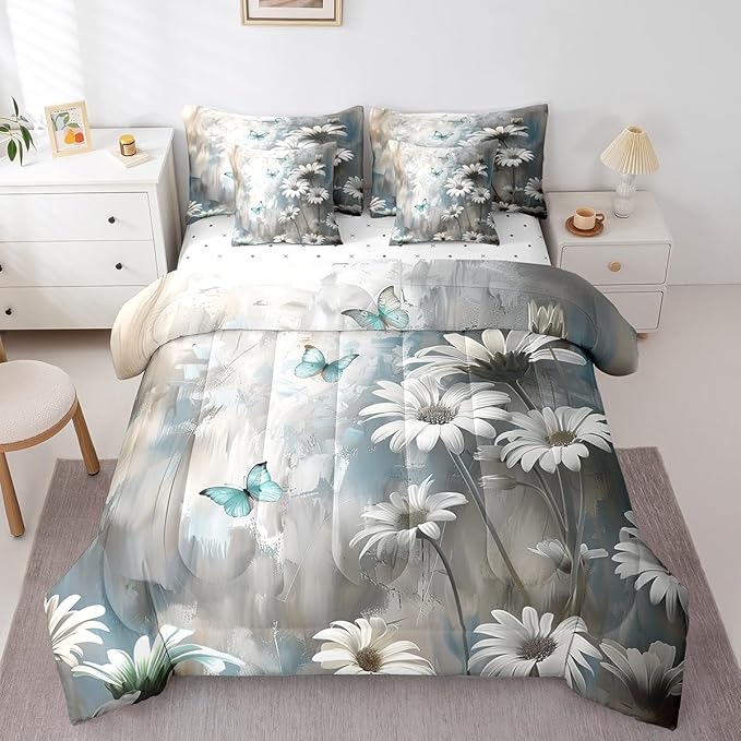 Feelyou Butterfly Comforter Set Twin Size 7 Pieces Vintage Floral Bedding Set for All Season Flower Botanical Nature Theme Bed in a Bag with Comforter, Sheets, Pillowcases & Cushion Cover