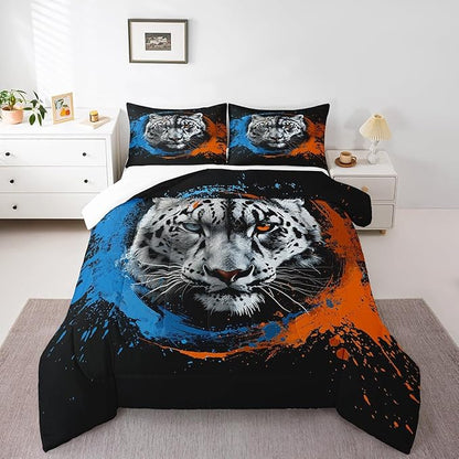 Manfei Tiger Comforter Set for Kids Adults,Jungle Wildlife 3D Animals Bedding Comforter Sets King,Watercolor Blue Orange Taekwondo Graffiti Quilt Comforter with 2 Pillowcases