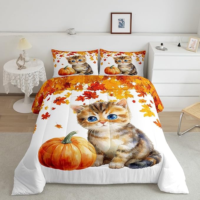 Cute Pumpkin Cat Bedding Sets Full Kawaii Watercolor Cat Comforter Set For Kids Boys Girls Autumn Fall Maple Leaf Comforter Thanksgiving Harvest Seasonal Quilt Duvet Orange White 2 Pillow Cases