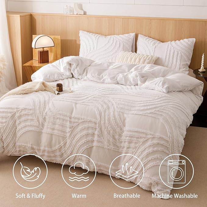 Ivory Full Comforter Set - 7 Pieces Bed in a Bag, Premium Comforters Full Size Bed Set Tufted Shabby Chic Bedding Comforter Set with Flat Sheet, Fitted Sheet and Pillowcases,White