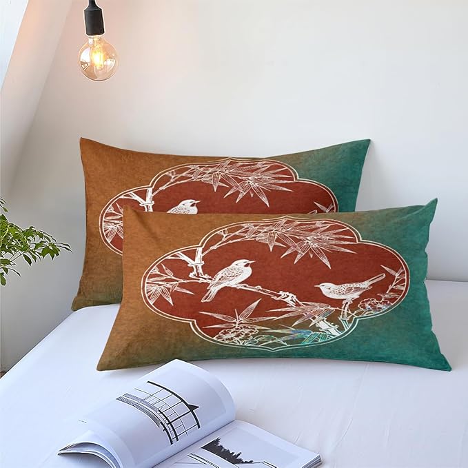 Queen Comforter Set 3 Pieces Vintage Bamboo Leaves Birds Bedding Set Teal Tan Soft Microfiber Down Alternative Comforter with 2 Pillowcases