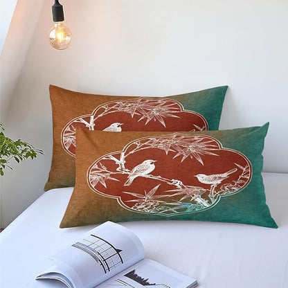 Queen Comforter Set 3 Pieces Vintage Bamboo Leaves Birds Bedding Set Teal Tan Soft Microfiber Down Alternative Comforter with 2 Pillowcases