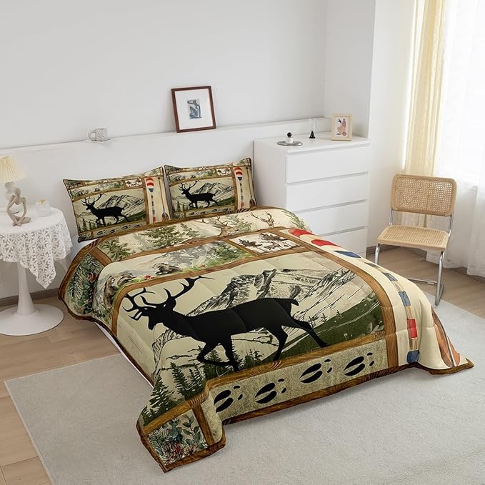 Farmhouse Lake House Decor Comforter Set Twin, Rustic Hunting Deer Bedding for Kids Boys Girls Teens, Retro Wild Animals Down Comforter, Woodland Pine Tree Paddle Plaid Decor Quilted Duvet, 2Pcs