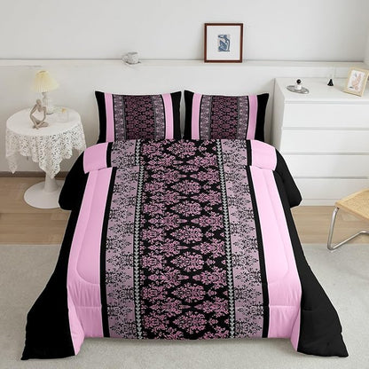 jejeloiu Adult Classic Jacquard Bedding Set Full Size Damask Pattern Comforter Set for Boys Girls Black Pink Stripe Duvet Set Baroque Quilt Set 3Pcs