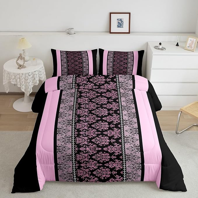jejeloiu Adult Classic Jacquard Bedding Set Queen Size Damask Pattern Comforter Set for Boys Girls Black Pink Stripe Duvet Set Baroque Quilt Set 3Pcs