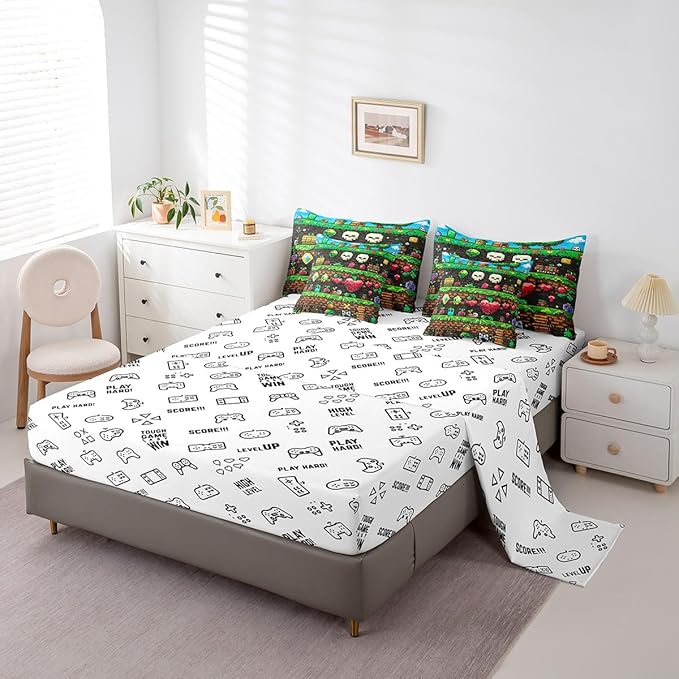 Video Games 7Pcs Comforter Set King Size,Colorful Pixelated Themed Bedding Set for Kids Boys Teens Men Room Decor,Sandbox Block Fitted Flat Sheet Funny Gamer Reversible 2 Throw Pillow,2 Pillowcases