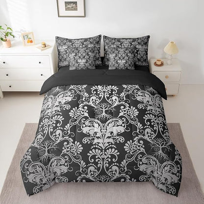 Erosebridal Gothic Damask Bed in a Bag King Size Comforter Set 7 Pieces,Sun Moon Tree of Life Bedding Sets Black White Victorian Floral Goth Sheet Set with Comforter