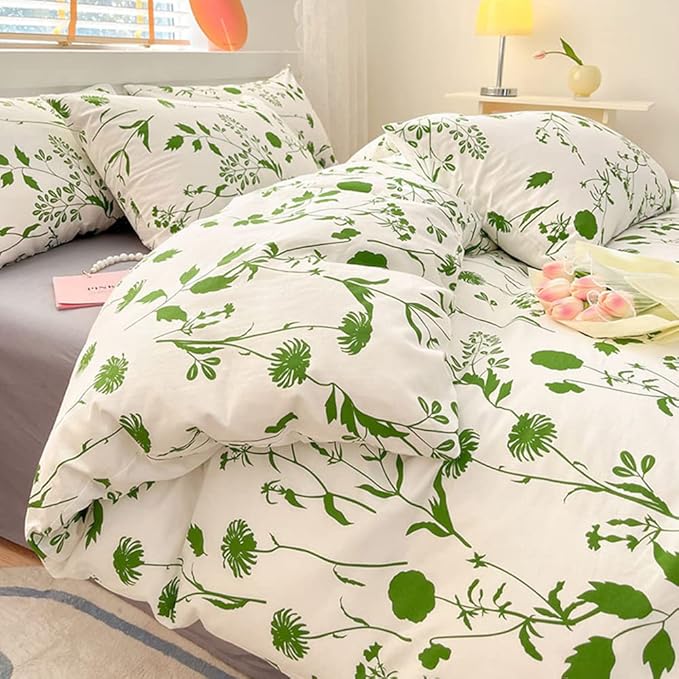 CLOTHKNOW White Green Comforter Set Full Green Floral Bedding Comforter Sets Green Flowers Bedding Full Sets Green Boho Bed Comforter White Comforters 3Pcs Green White Comforter Sets Full