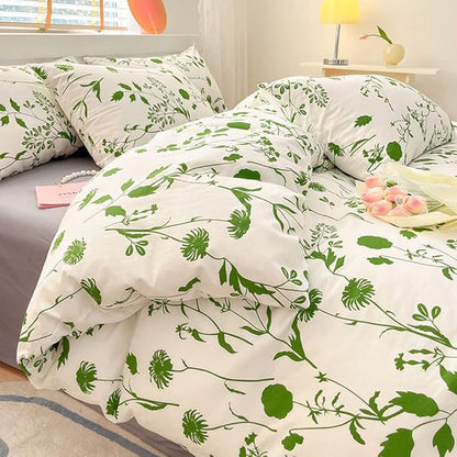 CLOTHKNOW White Green Comforter Set Twin/Twin XL Green Floral Bedding Comforter Sets Green Flowers Bedding Sets Green Boho Bed Comforter Sets