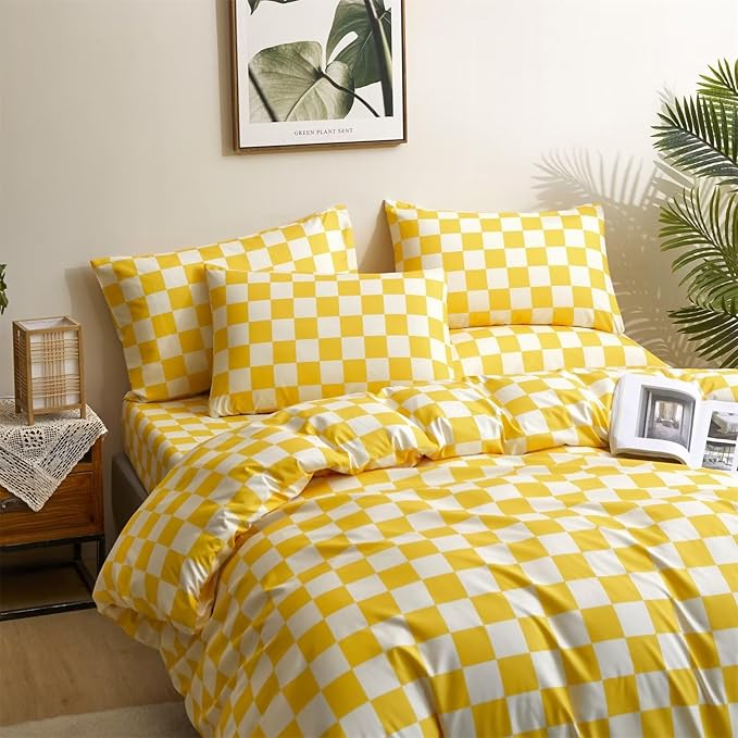 Houseri Yellow and White Comforter Set Queen Buffalo Plaid Light Yellow Bedding Grid Comforters Queen Size Women Girls Bright Yellow Checkerboard Comforter Elegant Yellow Gingham Bedding Blanket Queen