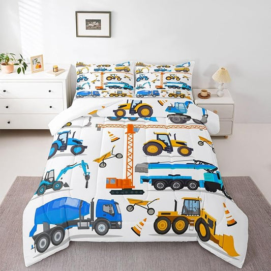 Tractor Comforter Set King Excavator Bedding Set For Boys Kid Construction Trucks Down Comforter Yellow Blue Equipment Truck Machinery Vehicle Bedroom Decor Forklift Bulldozer Crane Duvet Insert