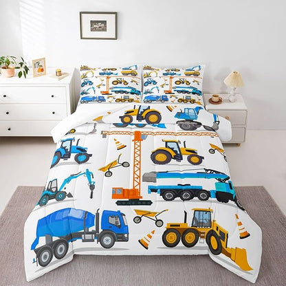 Excavator Comforter Set Queen Tractor Bedding Set For Teens Child Construction Trucks Down Comforter Yellow Blue Machinery Vehicle Equipment Truck Room Decor Forklift Bulldozer Crane Quilted Duvet