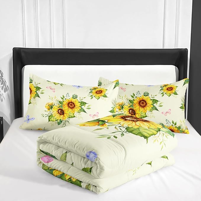 3 Piece Sunflower Comforter Sets Queen Size,Vintage Floral Bedding Set for Girls Boys Adults,3 Piece Bed in A Bag,Ultra Soft Microfiber All Season Yellow Flower Bedding Set