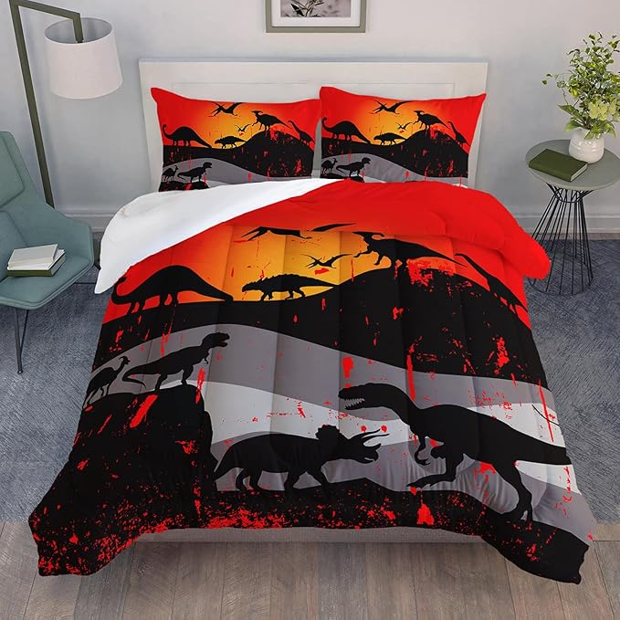 Cartoon Dinosaur Comforter Set Queen 3Pc Kawaii Dinosaur Bedding Set All Season with Tree, Leaf Decoration Includes 1 Comforter, 2 Pillowcases for Kids Girls Teens