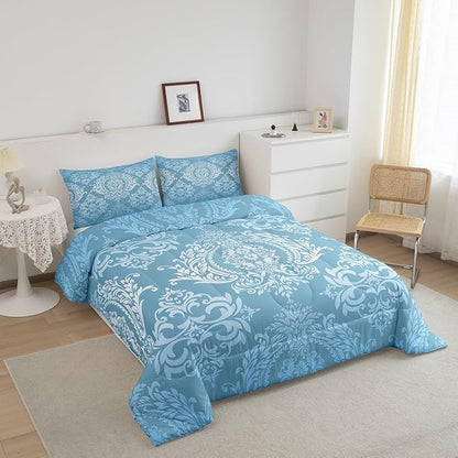Feelyou Adults Blue Vintage Damask Floral Comforter Set Oriental Antique Comforter Queen Size Gothic Bohemia Boho Floral Bedding Set Bohemian Exotic Duvet Set Quilt Set 3Pcs