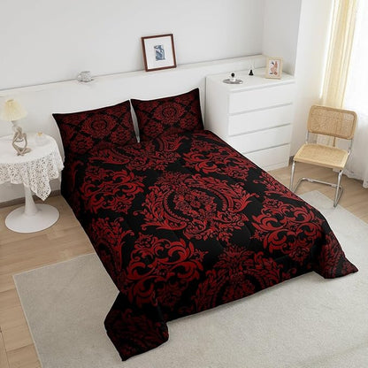 Feelyou Adults Red Vintage Damask Floral Comforter Set Oriental Antique Comforter King Size Gothic Bohemia Boho Flower Bedding Set Bohemian Exotic Duvet Set Quilt Set 3Pcs