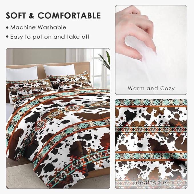 Full Size Comforter Set with 2 Pillowcases, Cow Brown Cowhide 3 Pcs Bedding for Kids and Adults, Vintage Retro Animal Soft Comforter Set for Bedroom Bed Decor