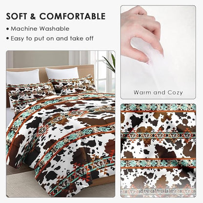 Twin Size Comforter Set with Pillowcase, Vintage Retro Animal Cow Brown Cowhide 2 Pcs Bedding for Kids and Adults, Western Cowboy Soft Comforter Set for Bedroom Bed Decor