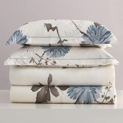 SLEEPBELLA Comforter Queen Size, 600 Thread Count Cotton Brown Branches and Blue Flowers Off-White Comforter Sets, Down Alternative Bedding Set 3Pcs(Queen, Off-White Botanical)