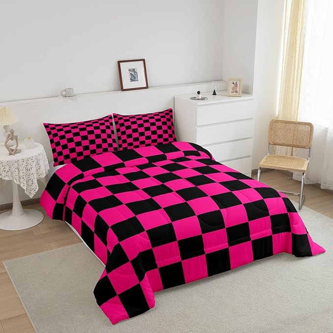 Feelyou Checkered Bedding Set Teen Women Men Dark Red Black Plaid Comforter Set Toddler Size Kids Boys Girls Cute Retro Neutral Checkerboard Geometric Duvet Insert Vintage Aesthetic Room Decor