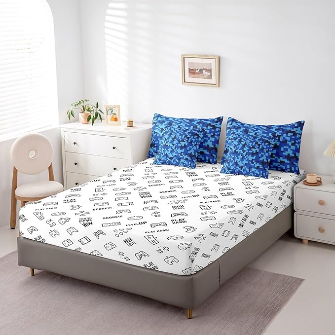 Navy Blue Camouflage 7Pcs Comforter Set Twin Size,Geometric Checked Bedding Sets for Kids Boys Teens Men Room Decor,Pixelated Miner Style Fitted Flat Sheet Video Games 2 Throw Pillow,2 Pillowcases
