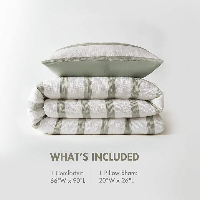 Madison Park Essentials Striped Comforter Set Twin Size, Yarn-Dyed Reversible Comforter with Minimalist Stripes, Crinkled Texture Bedding Set for All-Season Lightweight Warmth, Merritt Sage Green
