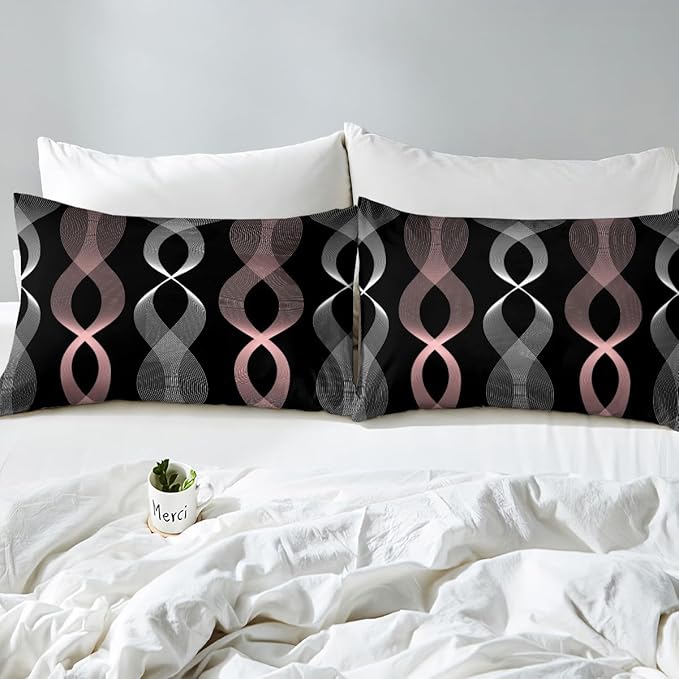 Erosebridal Pink and Black Queen Comforter Set for Girls, Boho Pink Striped Abstract Bedding Set, Contemporary Aesthetic Ombre Line Comforter for Women Teens Bedroom, Modern Geometric Stripes Quilt