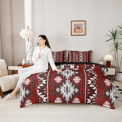 Erosebridal Western Aztec Bedding Set King 7 Piece Rustic Southwestern Tribal Comforter Set Bohemian Geometric Vintage Bed in A Bag for Adults Boho Tribal Farmhouse Style Quilt with Flat Fitted Sheet