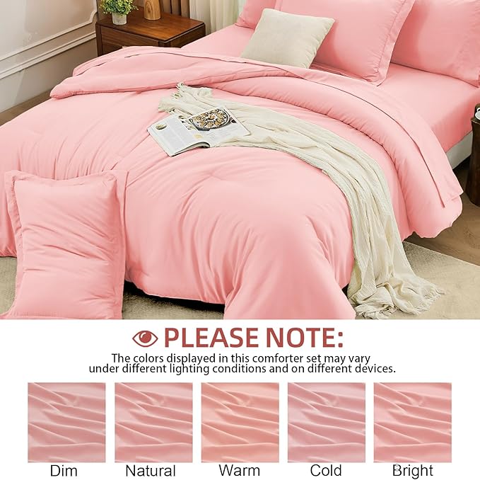 FUANNA Full Size Comforter Sets Pink, 7 Pieces Soft Bed in a Bag Full, All Season Lightweight Bed Sets with Comforter, Flat Sheet, Fitted Sheet, Pillowcases & Shams