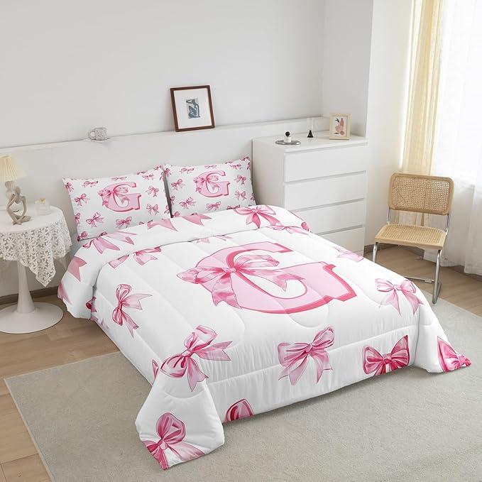 Erosebridal Pink Kawaii Bow Queen Bedding Comforter Sets Initial Letter G Bedding Set for Kids Girls Teen Women,Dreamy Princess Bowknot Comforter Set Monogrammed G Bow Quilt Duvet