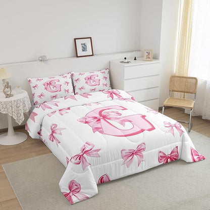 Erosebridal Pink Kawaii Bow Queen Bedding Comforter Sets Initial Letter G Bedding Set for Kids Girls Teen Women,Dreamy Princess Bowknot Comforter Set Monogrammed G Bow Quilt Duvet