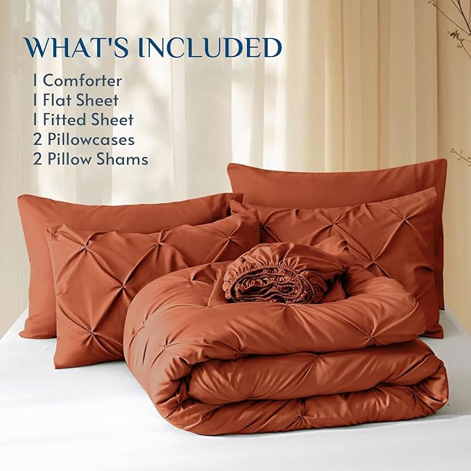JOLLYVOGUE Queen Comforter Set 7 Pieces - Bed in a Bag Queen for All Season, Pintuck Bedding Comforter Sets with Comforter, Flat Sheet, Fitted Sheet and Pillowcases & Shams, Burnt Orange
