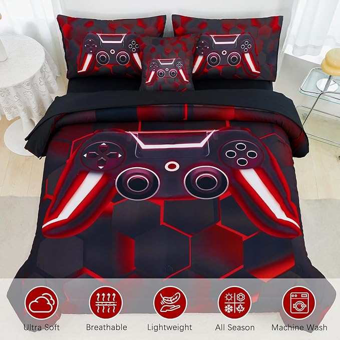 URBONUR Game Comforter Sets for Boys Teens 6Pcs Full Size Game Console Bedding Set for Kids Teenage Men Bedroom Decor Children Bed Comforters(Black Red, Full)