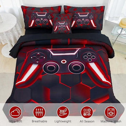 URBONUR Game Comforter Sets for Boys Teens 6Pcs Full Size Game Console Bedding Set for Kids Teenage Men Bedroom Decor Children Bed Comforters(Black Red, Full)