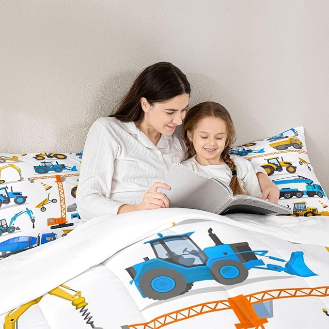 Tractor Comforter Set King Excavator Bedding Set For Boys Kid Construction Trucks Down Comforter Yellow Blue Equipment Truck Machinery Vehicle Bedroom Decor Forklift Bulldozer Crane Duvet Insert