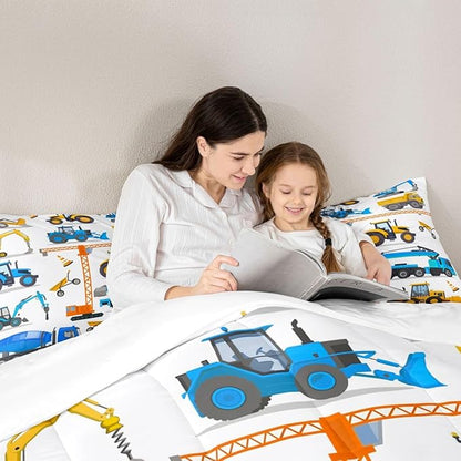 Excavator Comforter Set Queen Tractor Bedding Set For Teens Child Construction Trucks Down Comforter Yellow Blue Machinery Vehicle Equipment Truck Room Decor Forklift Bulldozer Crane Quilted Duvet