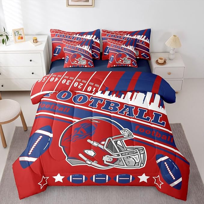Feelyou Football 7 Pieces Comforter Sets Twin Size Kids Rugby Sports Bedding Set for All Season Football City Bed in a Bag with Comforter, Sheets, Pillowcases & Cushion Cover