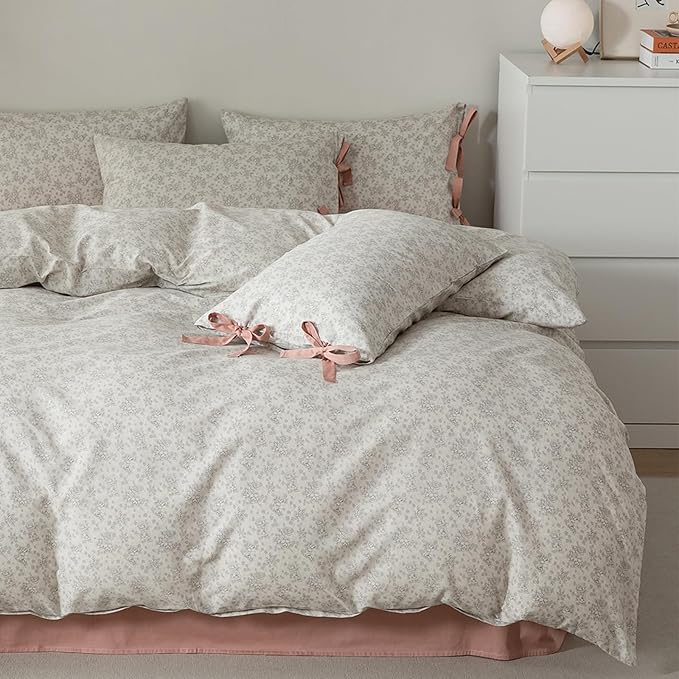 HighBuy Farmhouse Floral Comforter Set King Grey Flowers Comforter Coquette Bedding Comforters Set Fluffy Botanical Bedding French Country Style 1 Floral Comforter,2 Bow Tie Pillowcases