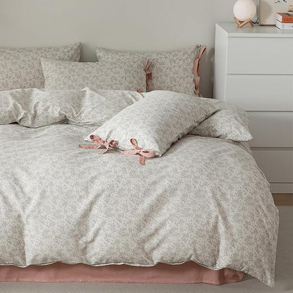 HighBuy Farmhouse Floral Comforter Set King Grey Flowers Comforter Coquette Bedding Comforters Set Fluffy Botanical Bedding French Country Style 1 Floral Comforter,2 Bow Tie Pillowcases