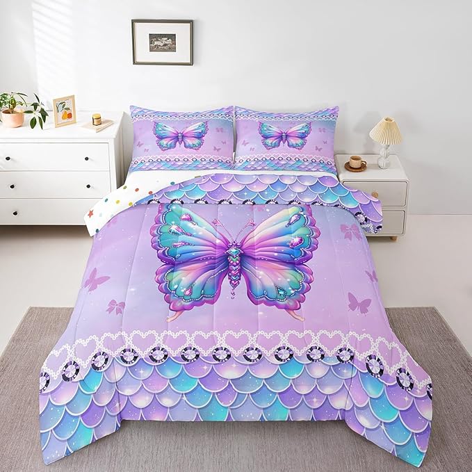 Erosebridal Butterfly Toddler Size Bedding Set 2 Piece, Mermaid Scales Down Comforter for Kids Girls Women Room, Kawaii Love Heart Comforter Set, Dreamy Princess Maeine Life Quilt, Purple Blue