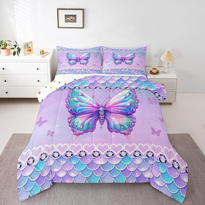 Erosebridal Butterfly Queen Size Bedding Set 3 Piece, Mermaid Scales Down Comforter for Kids Girls Women Room, Kawaii Love Heart Comforter Set, Dreamy Princess Maeine Life Quilt, Purple Blue