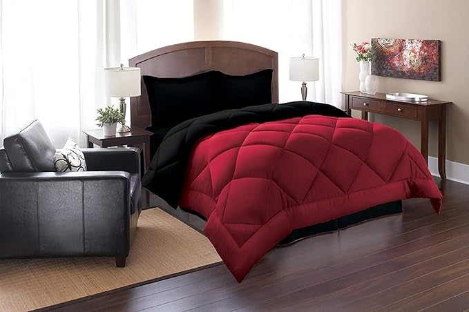 Elegant Comfort All Season Goose Down Alternative Reversible 2-Piece Comforter Set- Available in and Colors, Twin/Twin XL, Black/Burgundy